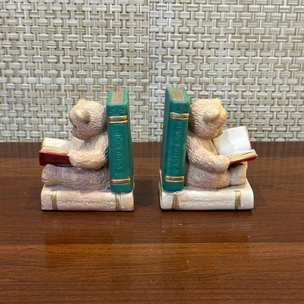 🌟HP🌟VTG 1990s Kids Room Nursery Teddy Bear Reading Book Bookends BisquePorcelain